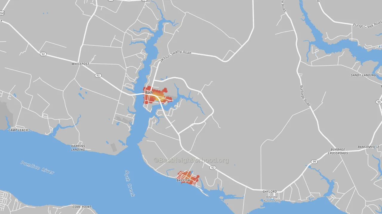 Walk Grade map of Bath, NC, walkable areas in green and car-dependent areas in red