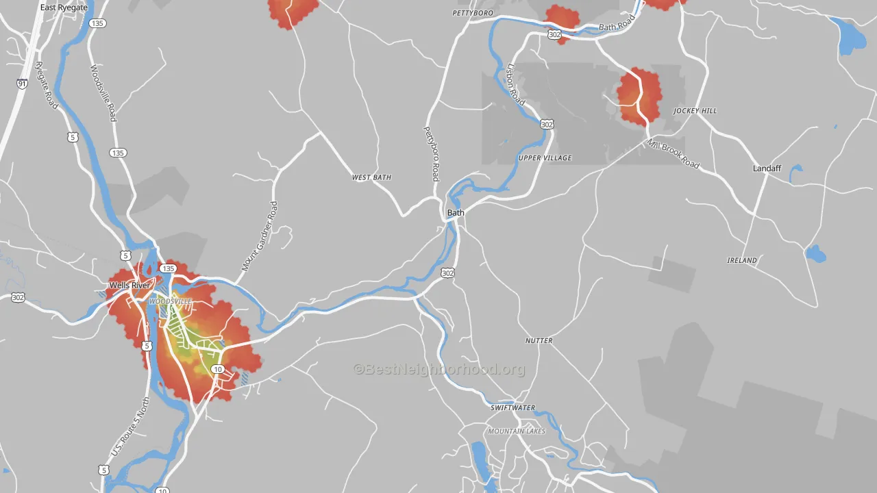Walk Grade map of Bath, NH, walkable areas in green and car-dependent areas in red