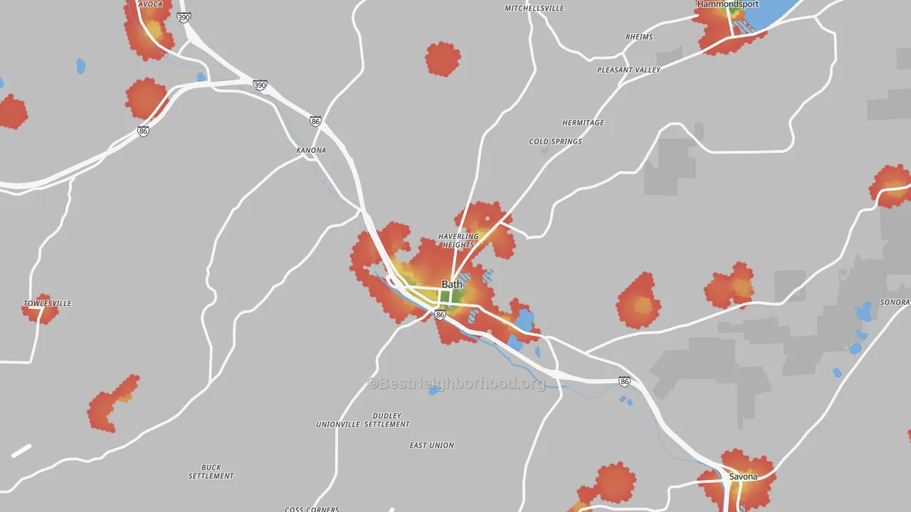 Walk Grade map of Bath, NY, walkable areas in green and car-dependent areas in red