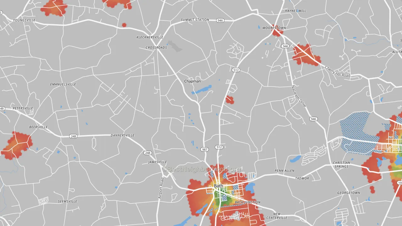 Walk Grade map of Bath, PA, walkable areas in green and car-dependent areas in red