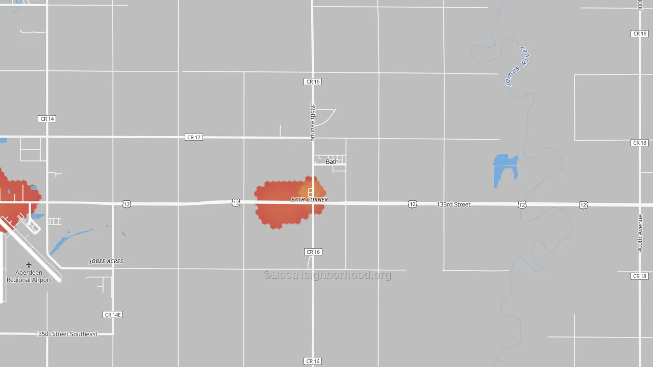 Walk Grade map of Bath, SD, walkable areas in green and car-dependent areas in red