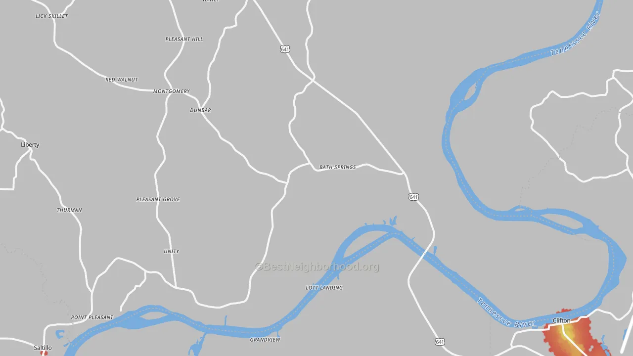 Walk Grade map of Bath Springs, TN, walkable areas in green and car-dependent areas in red