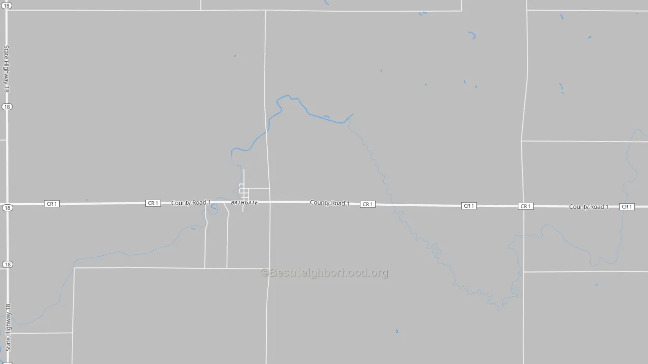 Walk Grade map of Bathgate, ND, walkable areas in green and car-dependent areas in red