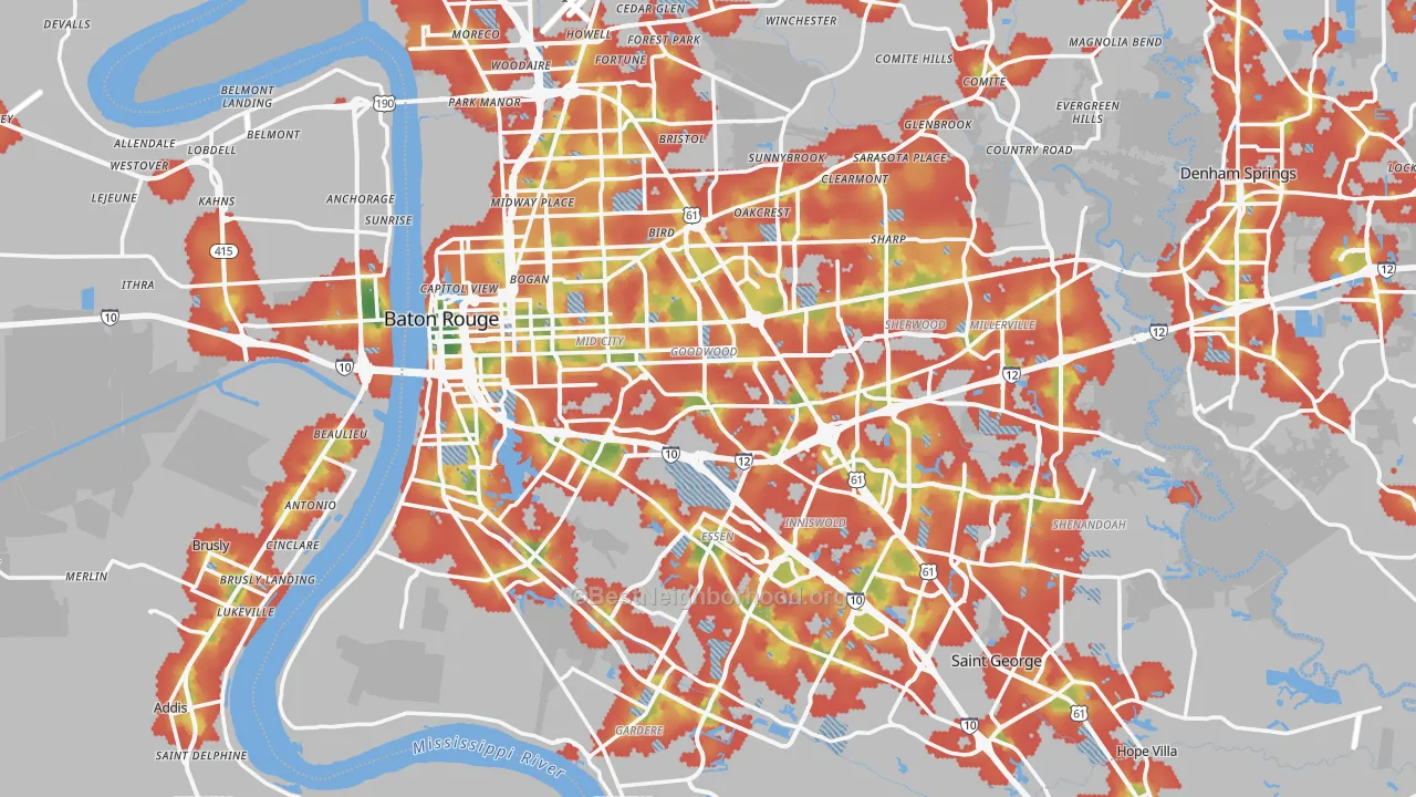 Walk Grade map of Baton Rouge, LA, walkable areas in green and car-dependent areas in red