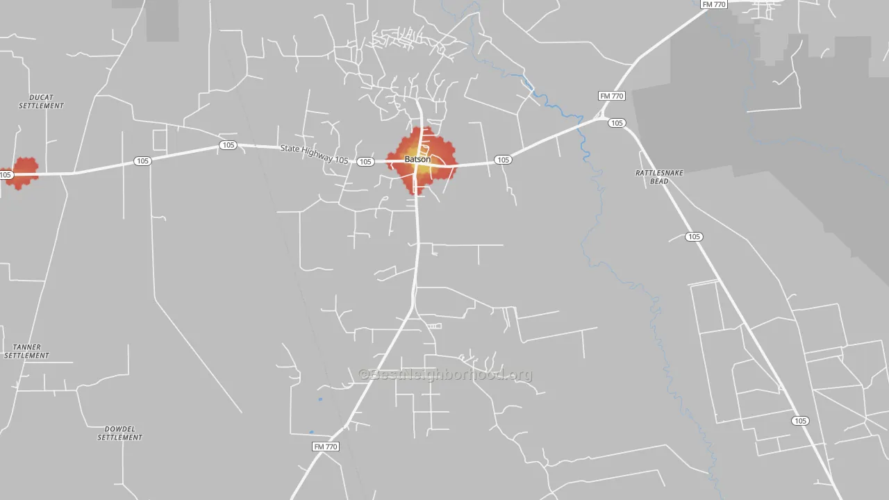 Walk Grade map of Batson, TX, walkable areas in green and car-dependent areas in red