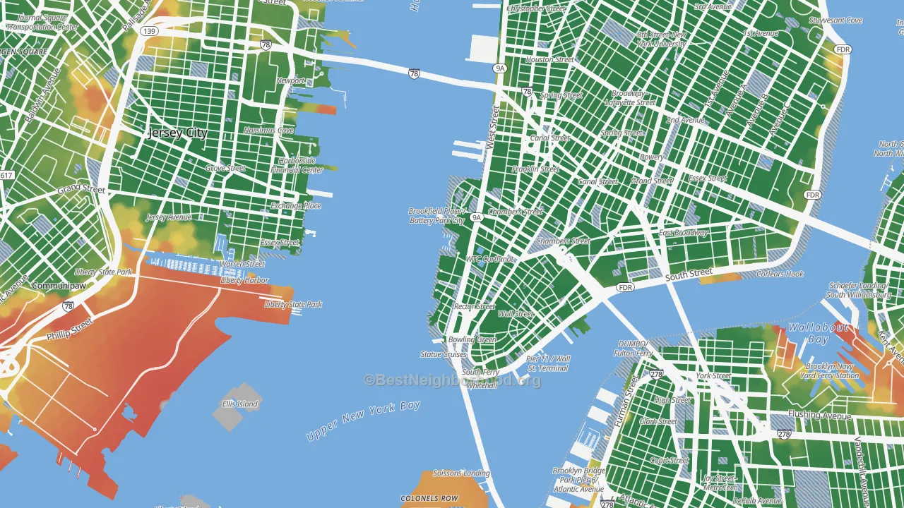 Walk Grade map of Battery Park, Manhattan, NY, walkable areas in green and car-dependent areas in red