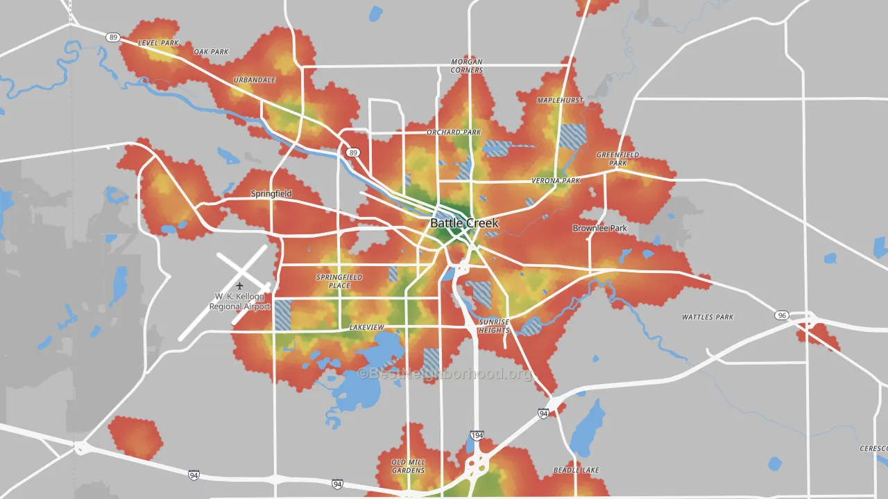 Walk Grade map of Battle Creek, MI, walkable areas in green and car-dependent areas in red