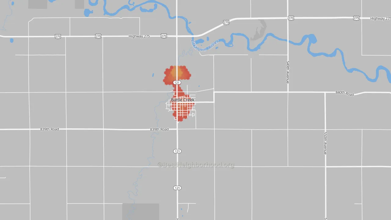 Walk Grade map of Battle Creek, NE, walkable areas in green and car-dependent areas in red