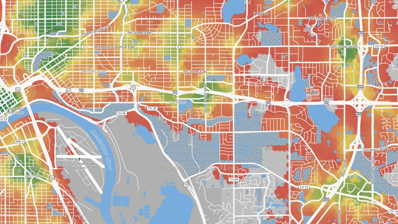 Walk Grade map of Battle Creek, St. Paul, MN, walkable areas in green and car-dependent areas in red