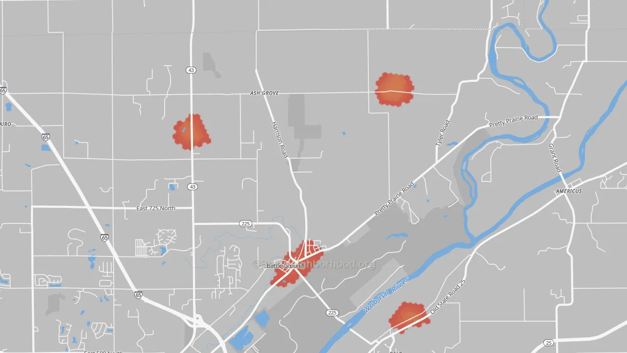 Walk Grade map of Battle Ground, IN, walkable areas in green and car-dependent areas in red
