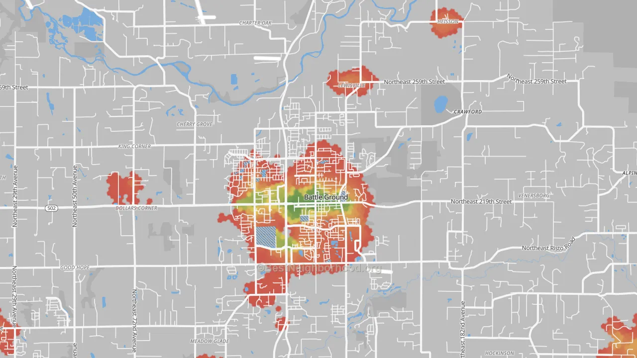 Walk Grade map of Battle Ground, WA, walkable areas in green and car-dependent areas in red