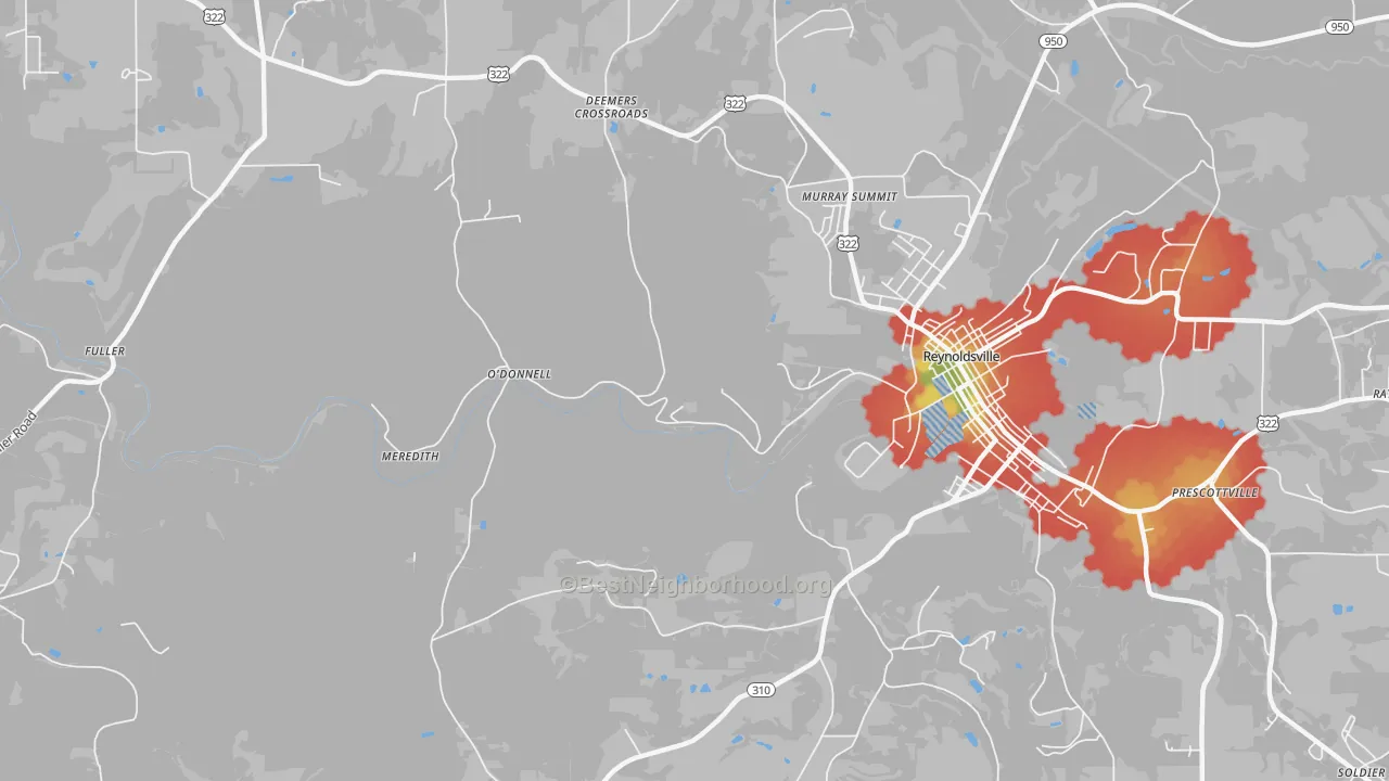 Walk Grade map of Battle Hollow, PA, walkable areas in green and car-dependent areas in red