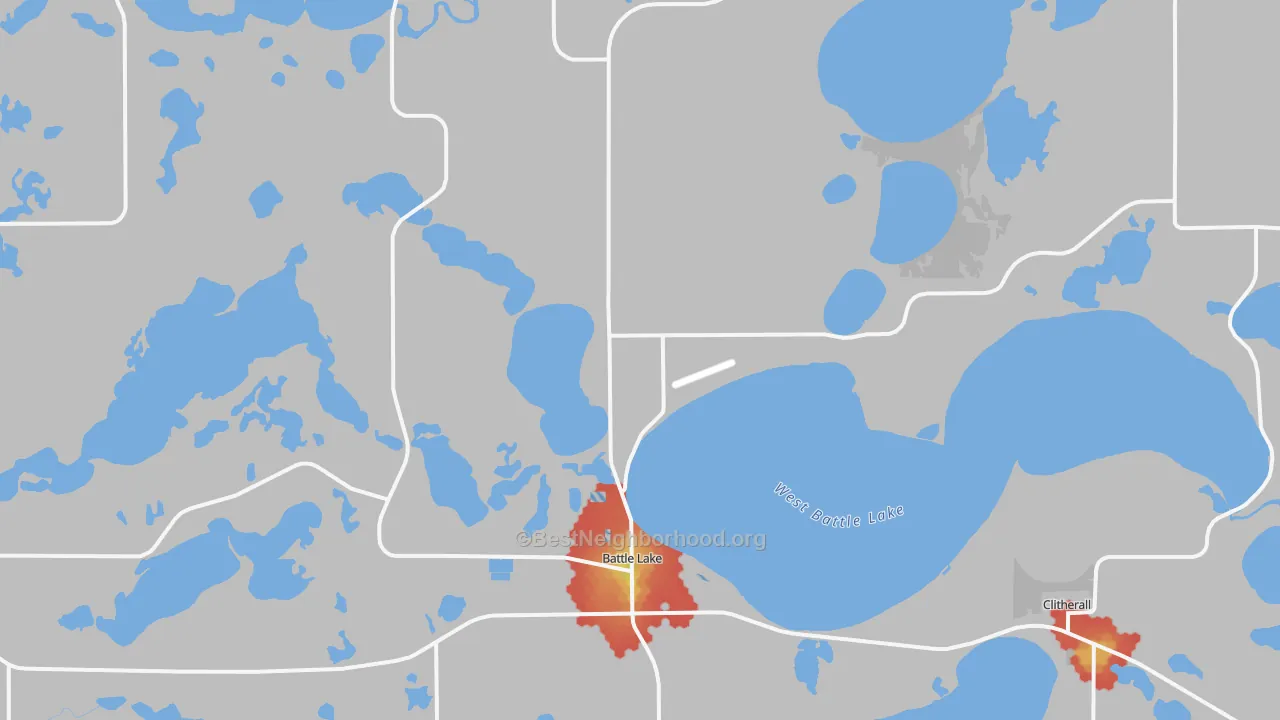 Walk Grade map of Battle Lake, MN, walkable areas in green and car-dependent areas in red