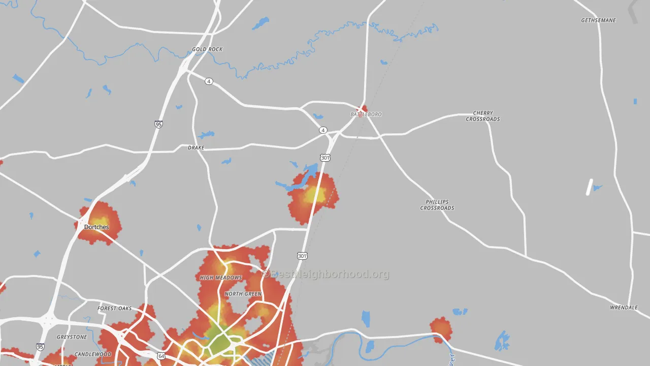 Walk Grade map of Battleboro, NC, walkable areas in green and car-dependent areas in red