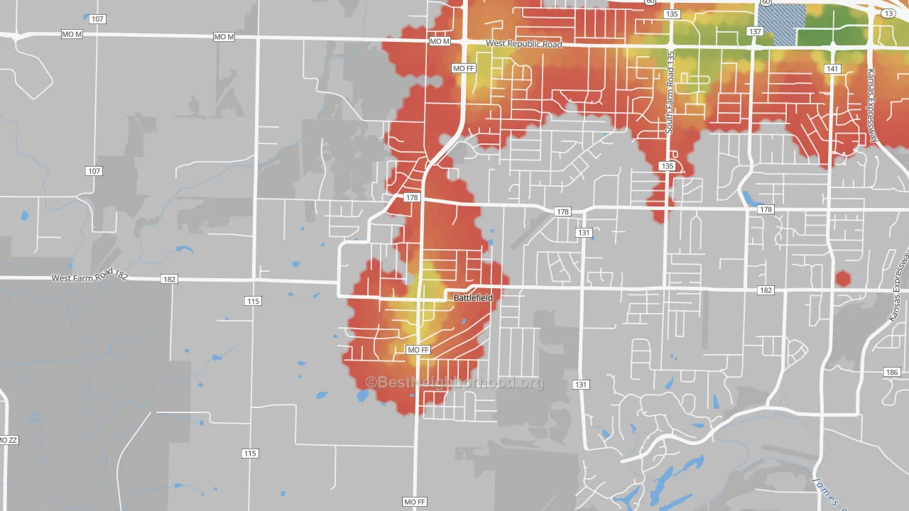 Walk Grade map of Battlefield, MO, walkable areas in green and car-dependent areas in red