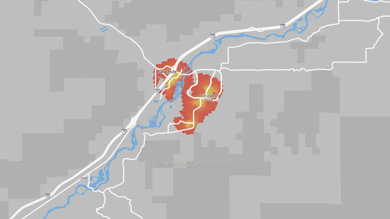 Walk Grade map of Battlement Mesa, CO, walkable areas in green and car-dependent areas in red