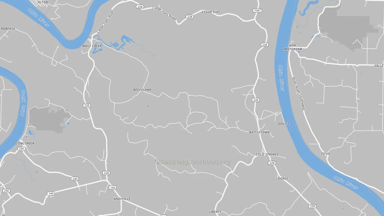 Walk Grade map of Battletown, KY, walkable areas in green and car-dependent areas in red