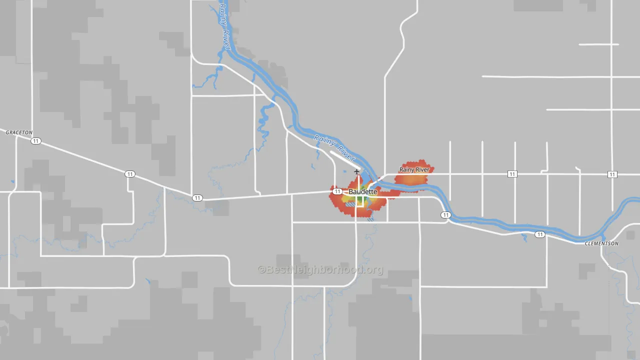 Walk Grade map of Baudette, MN, walkable areas in green and car-dependent areas in red