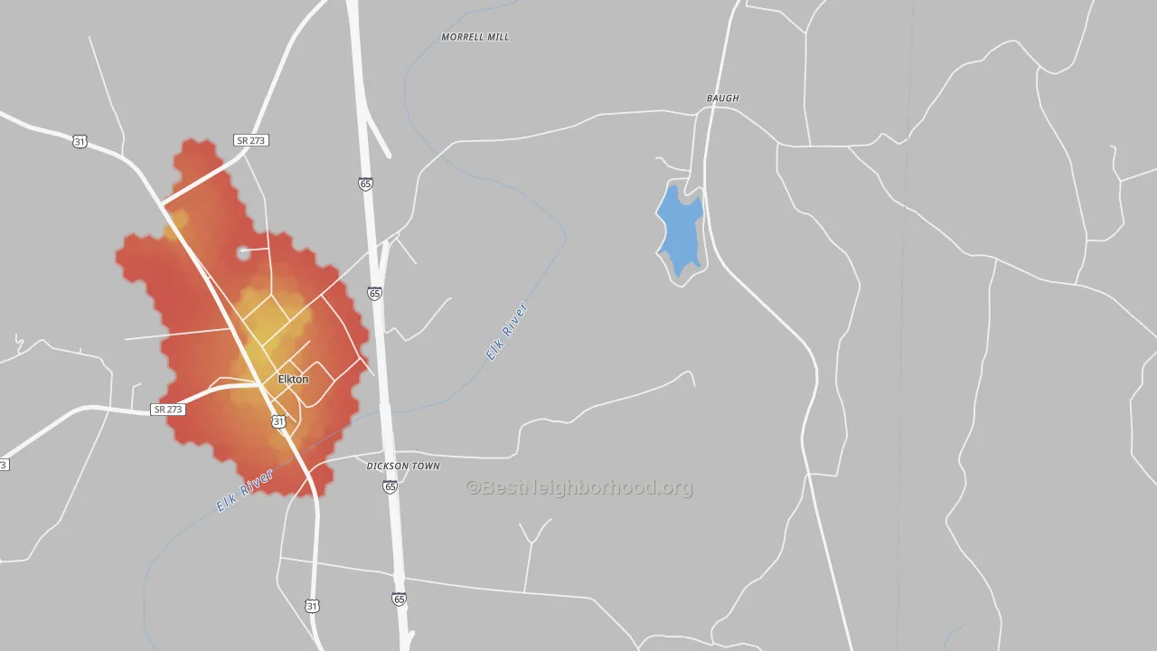 Walk Grade map of Baugh, TN, walkable areas in green and car-dependent areas in red