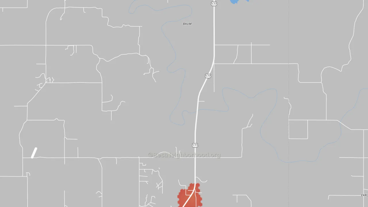 Walk Grade map of Baum, OK, walkable areas in green and car-dependent areas in red