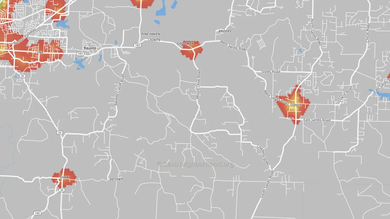Walk Grade map of Bauxite, AR, walkable areas in green and car-dependent areas in red