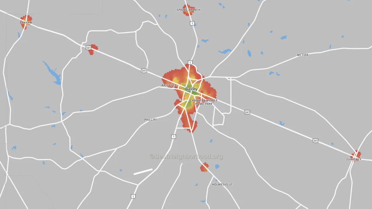 Walk Grade map of Baxley, GA, walkable areas in green and car-dependent areas in red