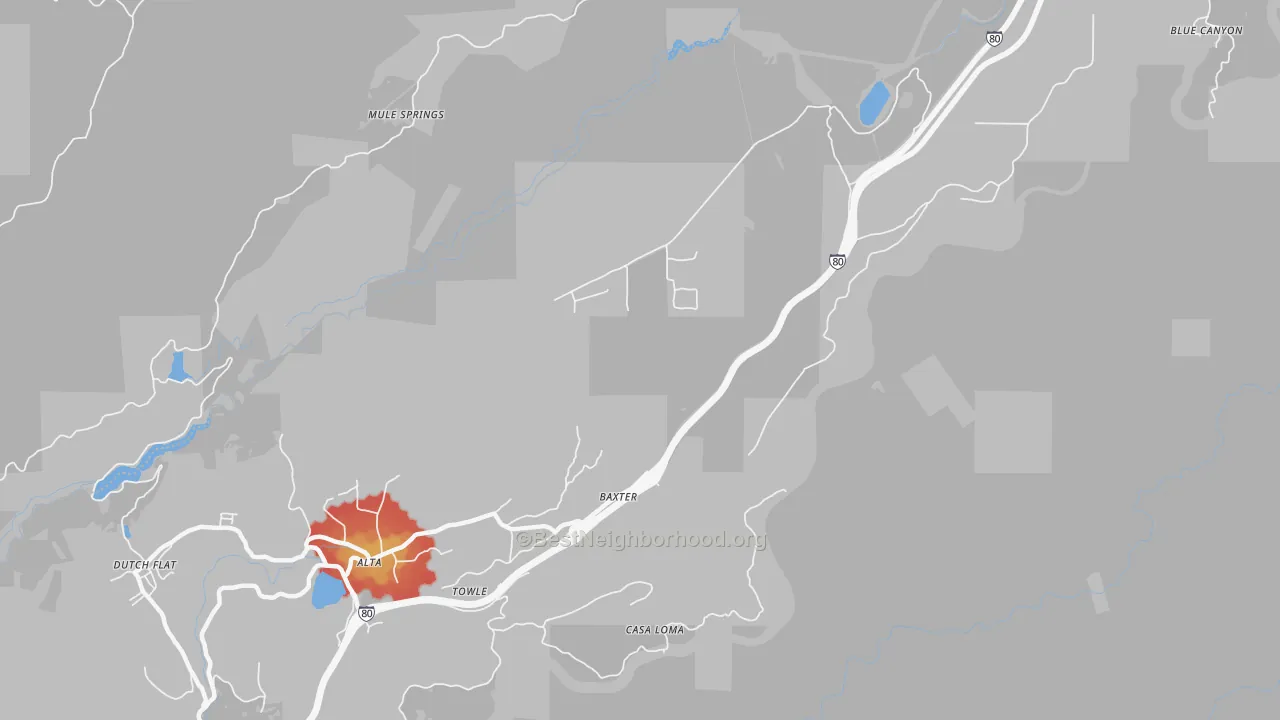 Walk Grade map of Baxter, CA, walkable areas in green and car-dependent areas in red