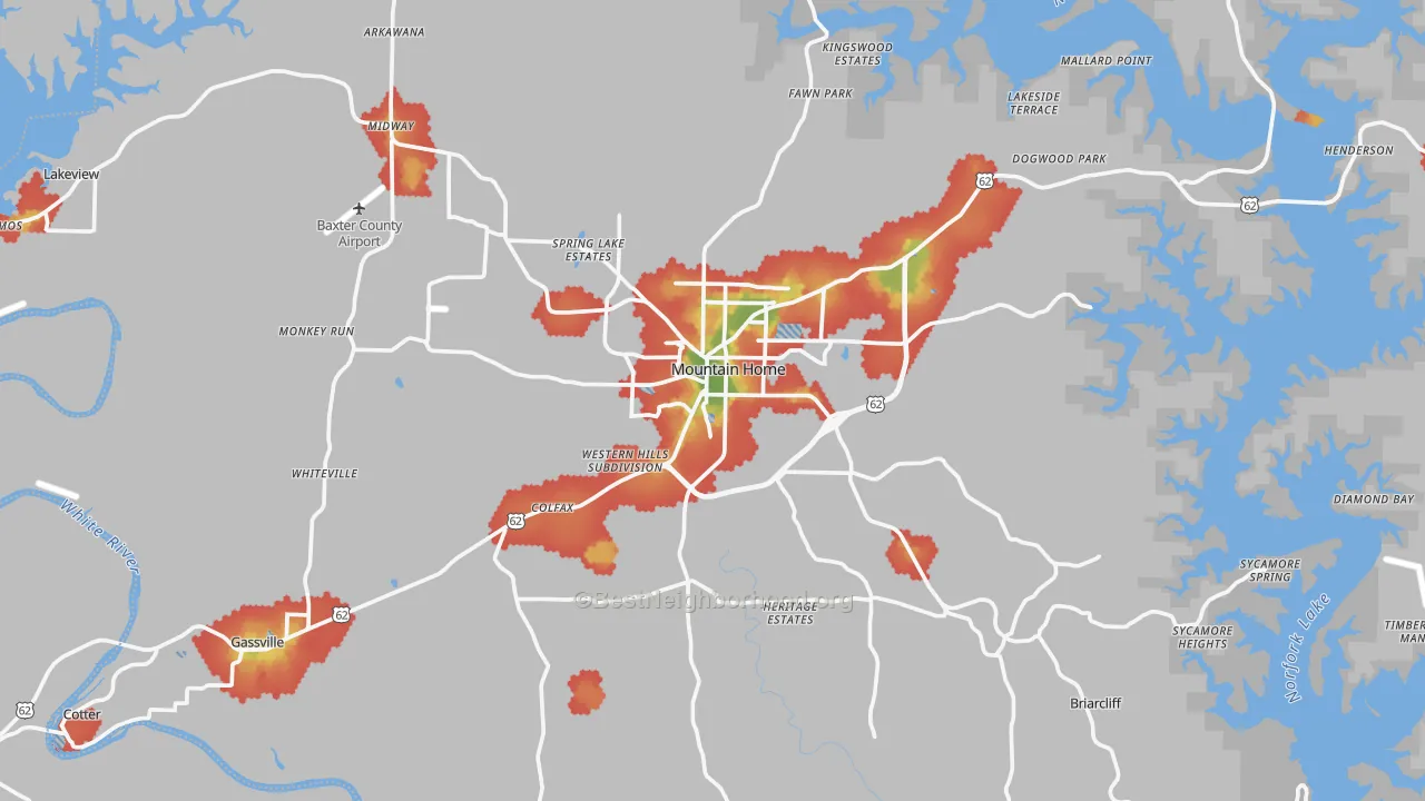 Walk Grade map of Baxter County, AR, walkable areas in green and car-dependent areas in red