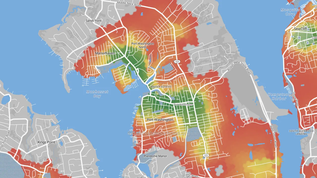 Walk Grade map of Baxter Estates, NY, walkable areas in green and car-dependent areas in red