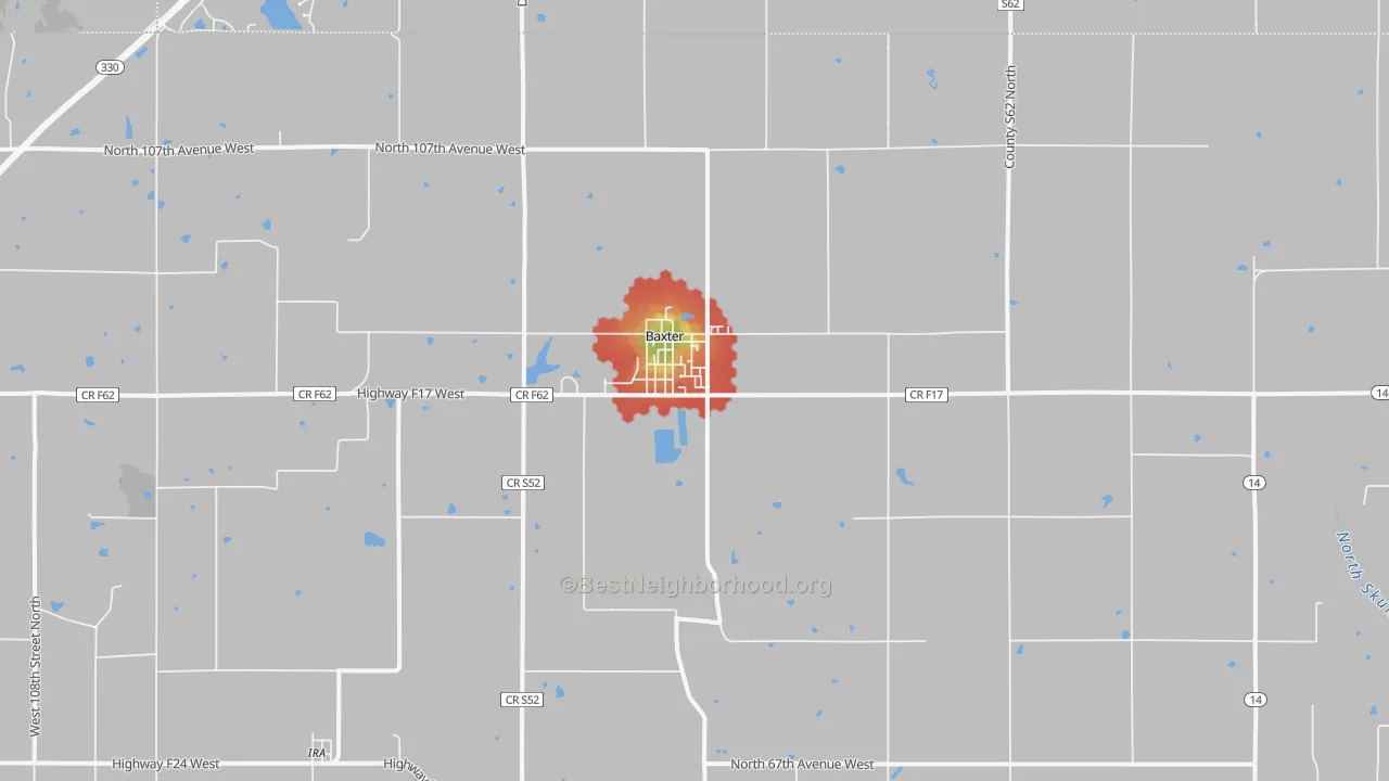 Walk Grade map of Baxter, IA, walkable areas in green and car-dependent areas in red