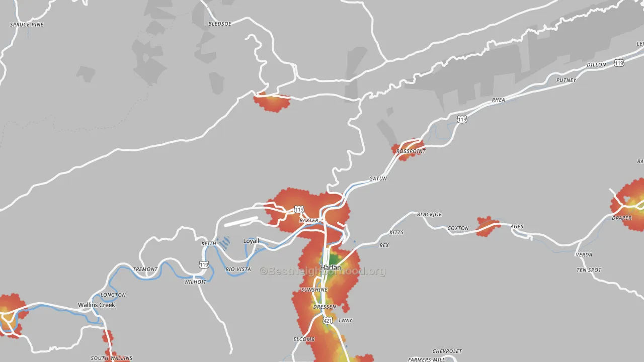 Walk Grade map of Baxter, KY, walkable areas in green and car-dependent areas in red