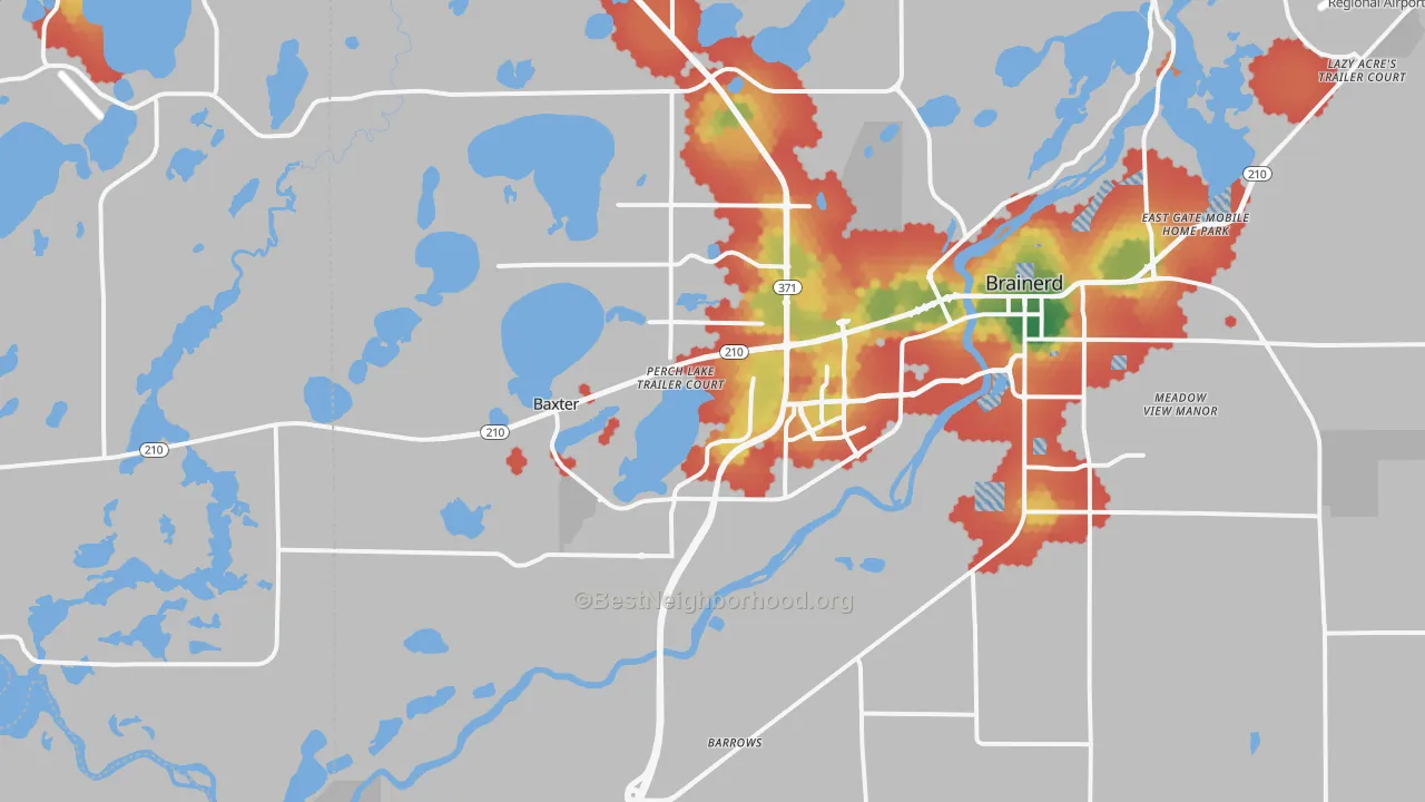 Walk Grade map of Baxter, MN, walkable areas in green and car-dependent areas in red