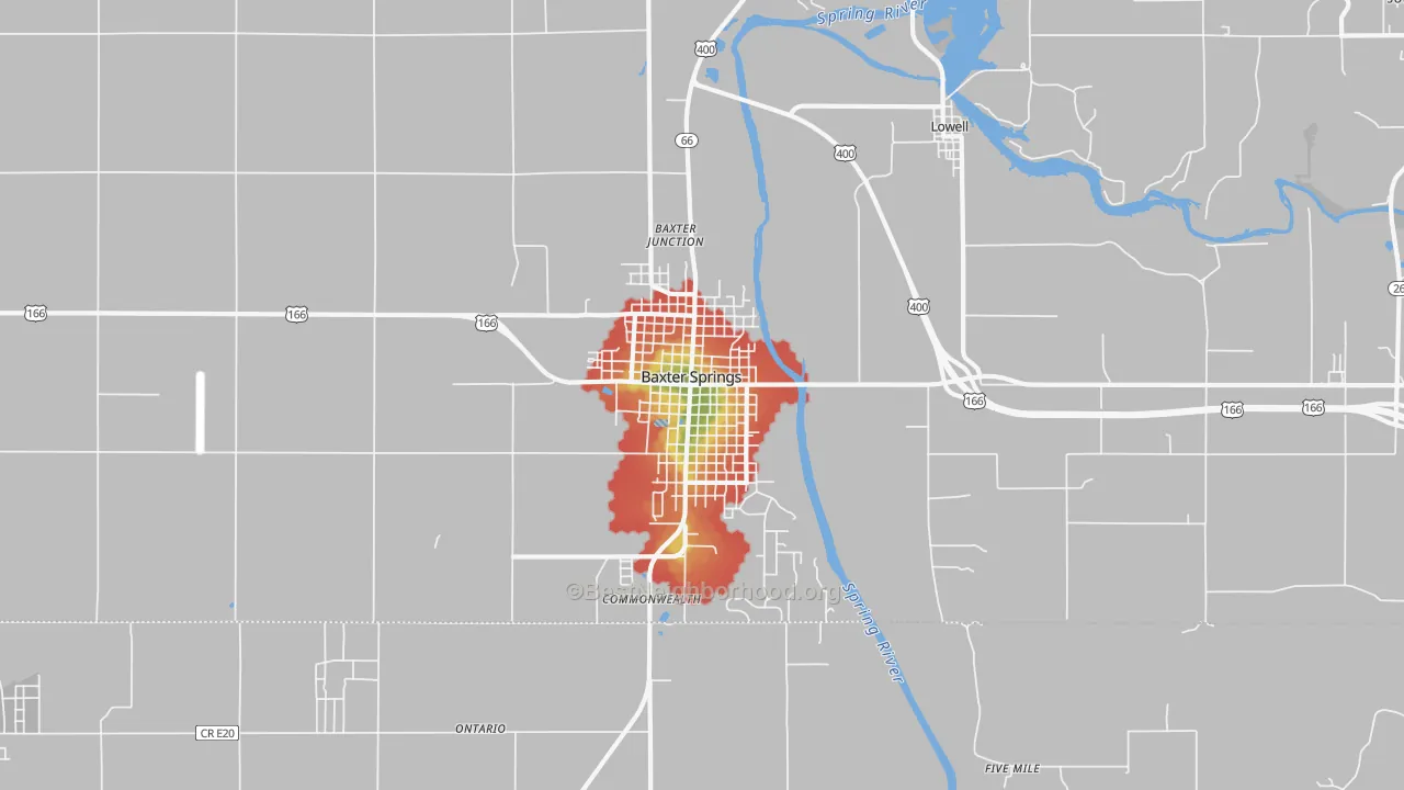 Walk Grade map of Baxter Springs, KS, walkable areas in green and car-dependent areas in red