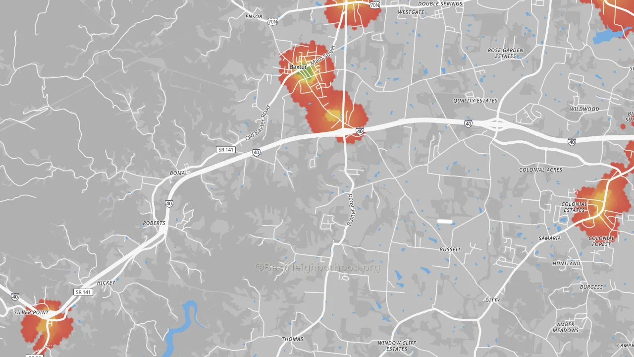 Walk Grade map of Baxter, TN, walkable areas in green and car-dependent areas in red