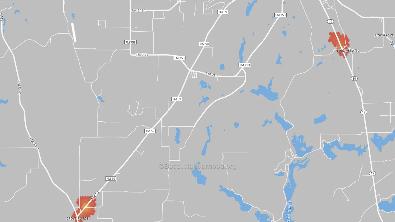 Walk Grade map of Baxter, TX, walkable areas in green and car-dependent areas in red
