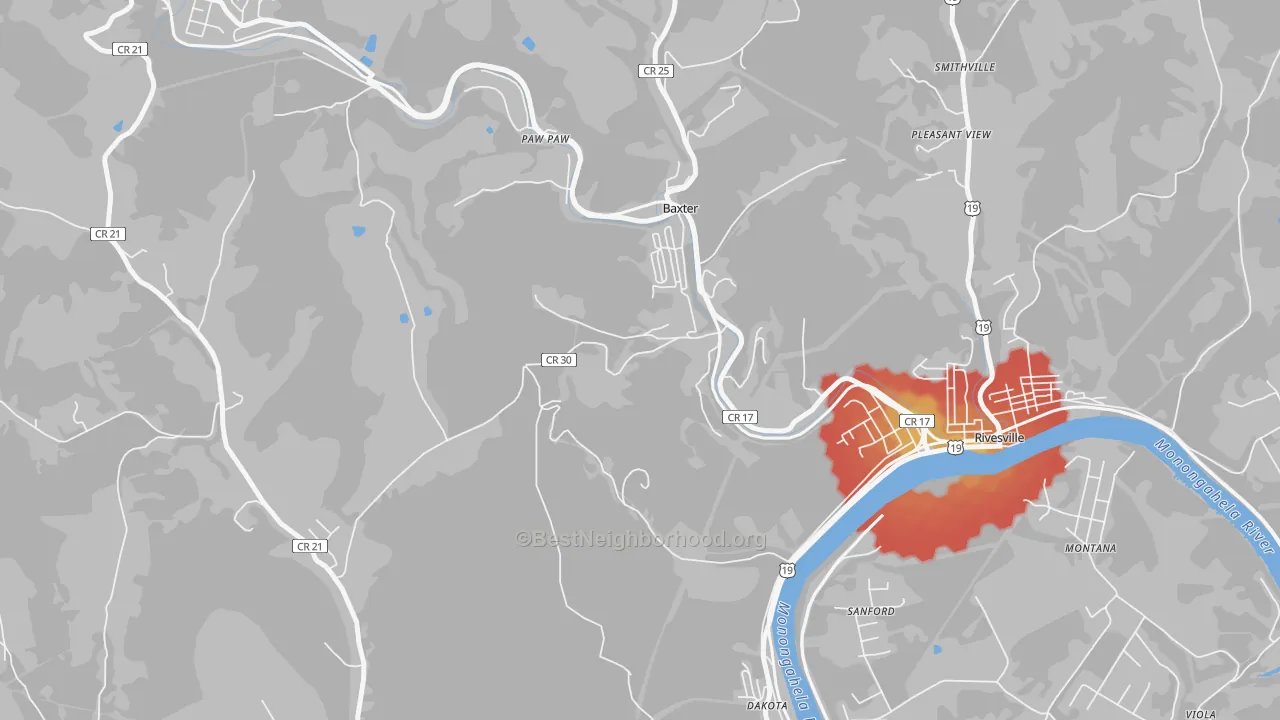 Walk Grade map of Baxter, WV, walkable areas in green and car-dependent areas in red