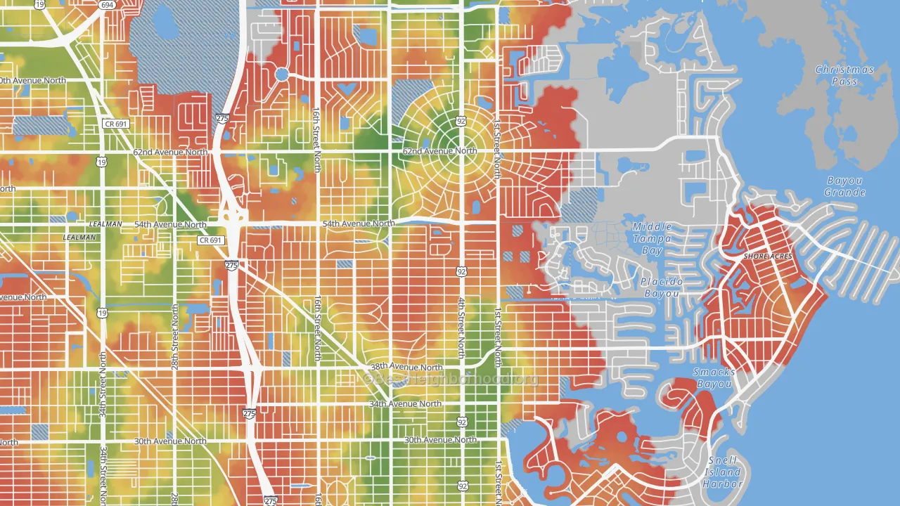 Walk Grade map of Bay Breeze Cove, St. Petersburg, FL, walkable areas in green and car-dependent areas in red