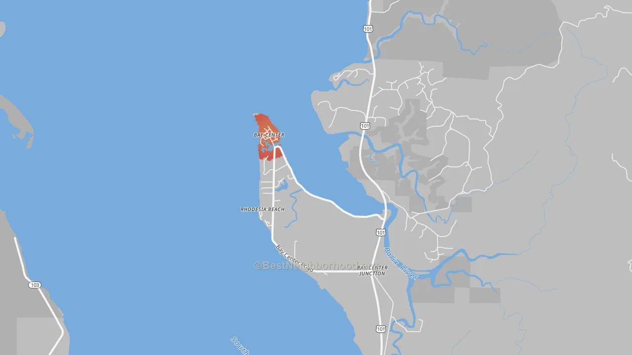 Walk Grade map of Bay Center, WA, walkable areas in green and car-dependent areas in red