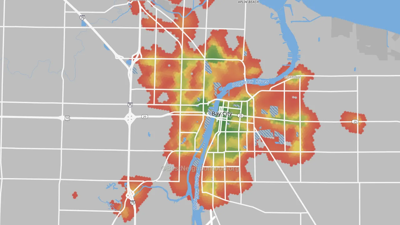 Walk Grade map of Bay City, MI, walkable areas in green and car-dependent areas in red