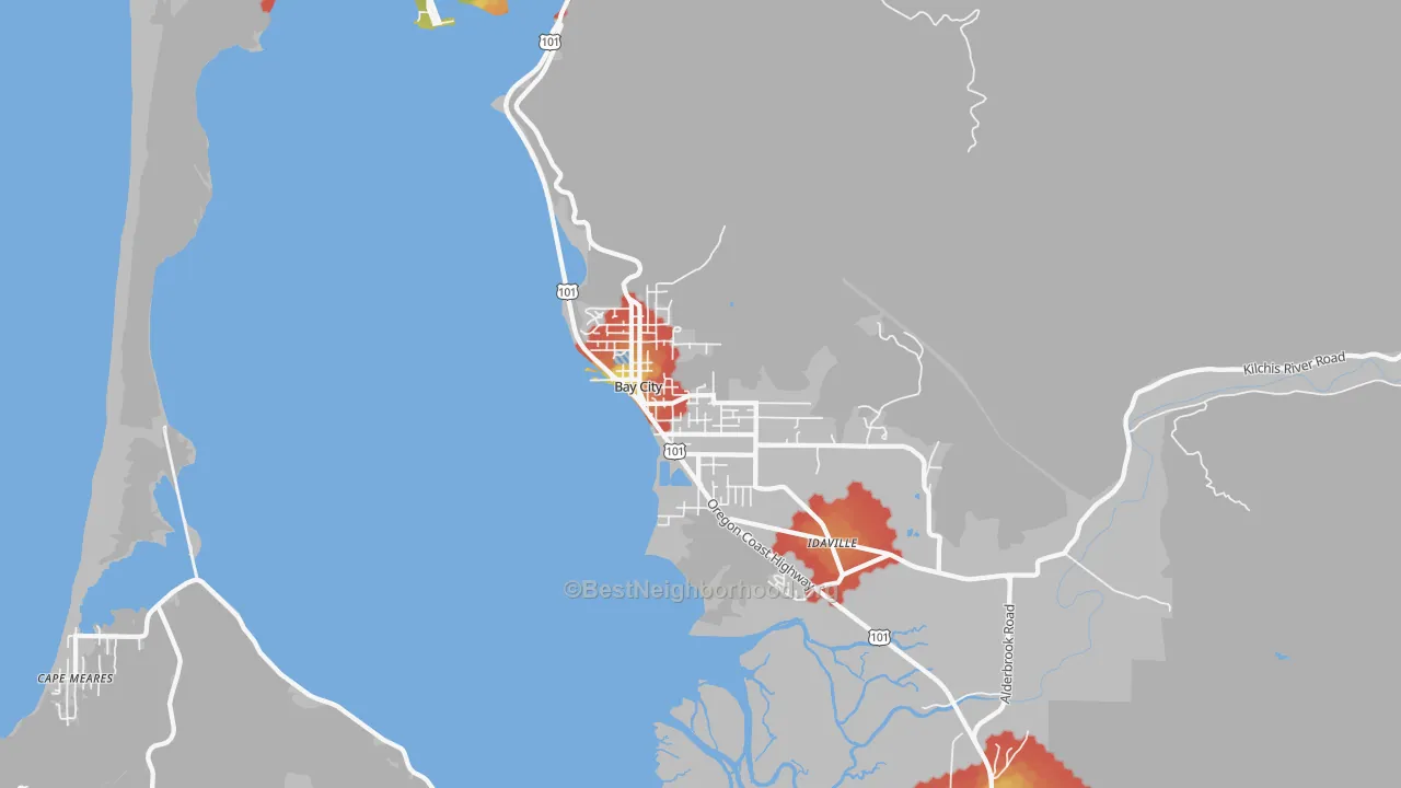 Walk Grade map of Bay City, OR, walkable areas in green and car-dependent areas in red