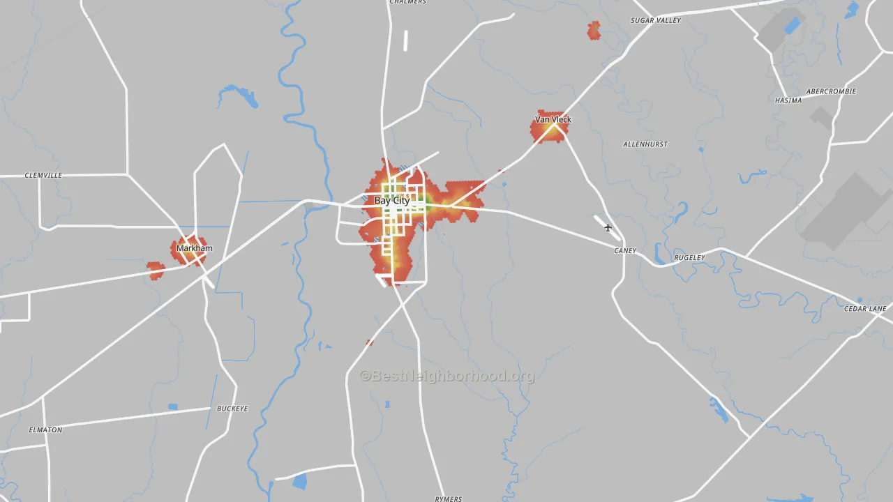 Walk Grade map of Bay City, TX, walkable areas in green and car-dependent areas in red
