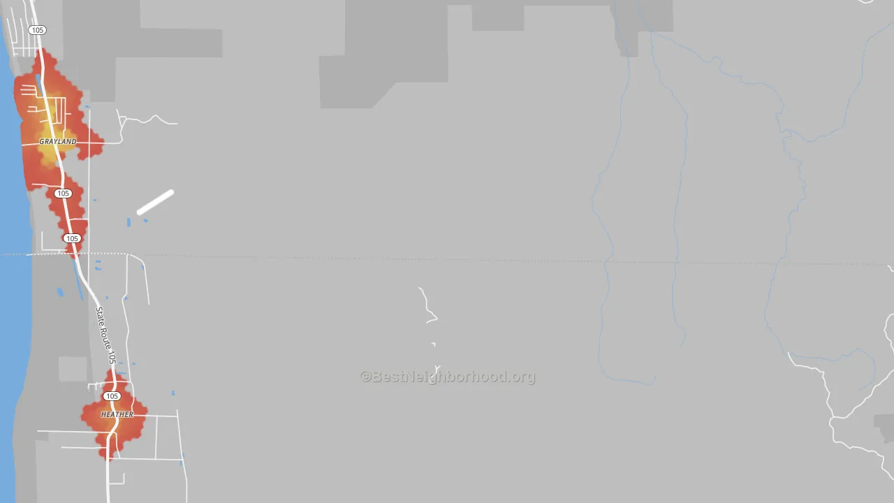 Walk Grade map of Bay City, WA, walkable areas in green and car-dependent areas in red
