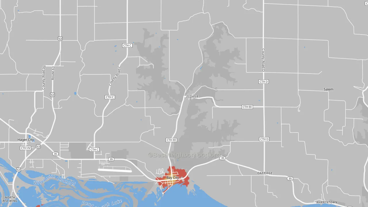 Walk Grade map of Bay City, WI, walkable areas in green and car-dependent areas in red