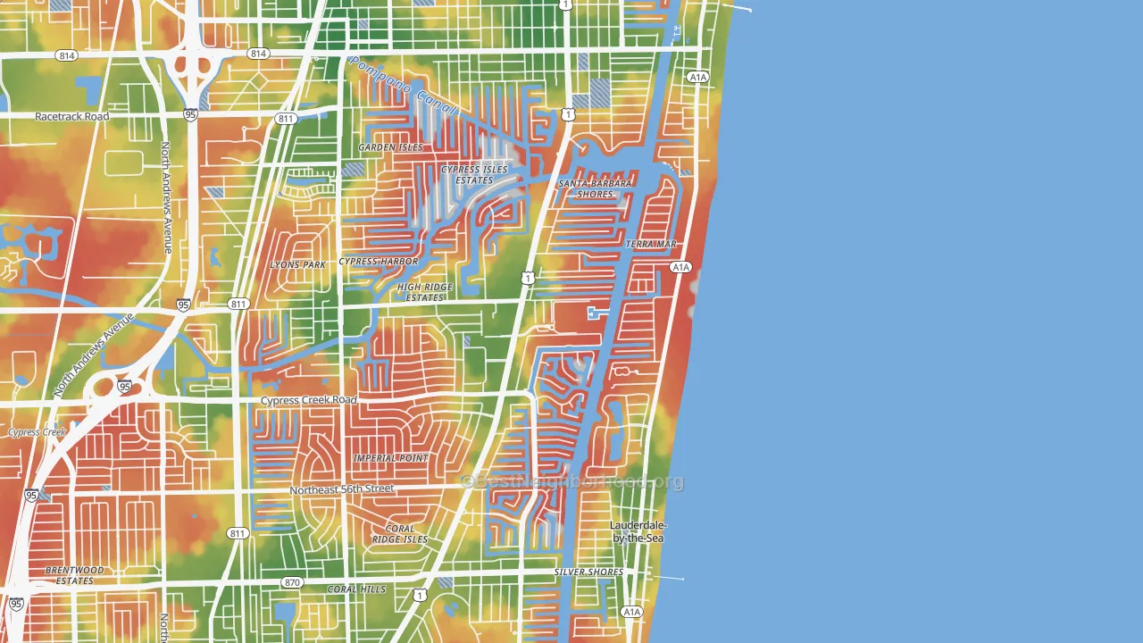 Walk Grade map of Bay Colony, Fort Lauderdale, FL, walkable areas in green and car-dependent areas in red