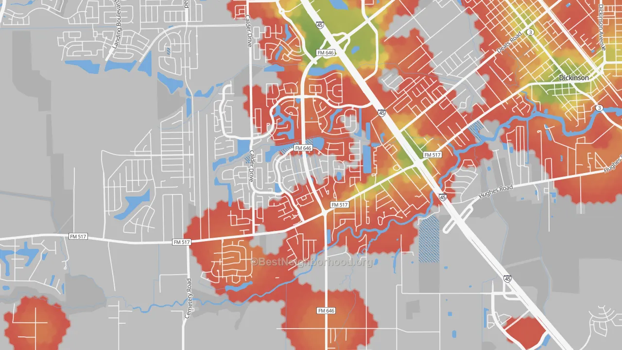 Walk Grade map of Bay Colony, League City, TX, walkable areas in green and car-dependent areas in red