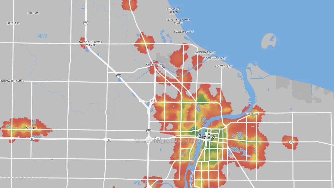 Walk Grade map of Bay County, MI, walkable areas in green and car-dependent areas in red