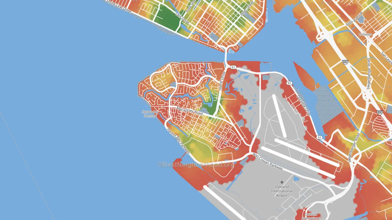 Walk Grade map of Bay Farm Island, Alameda, CA, walkable areas in green and car-dependent areas in red