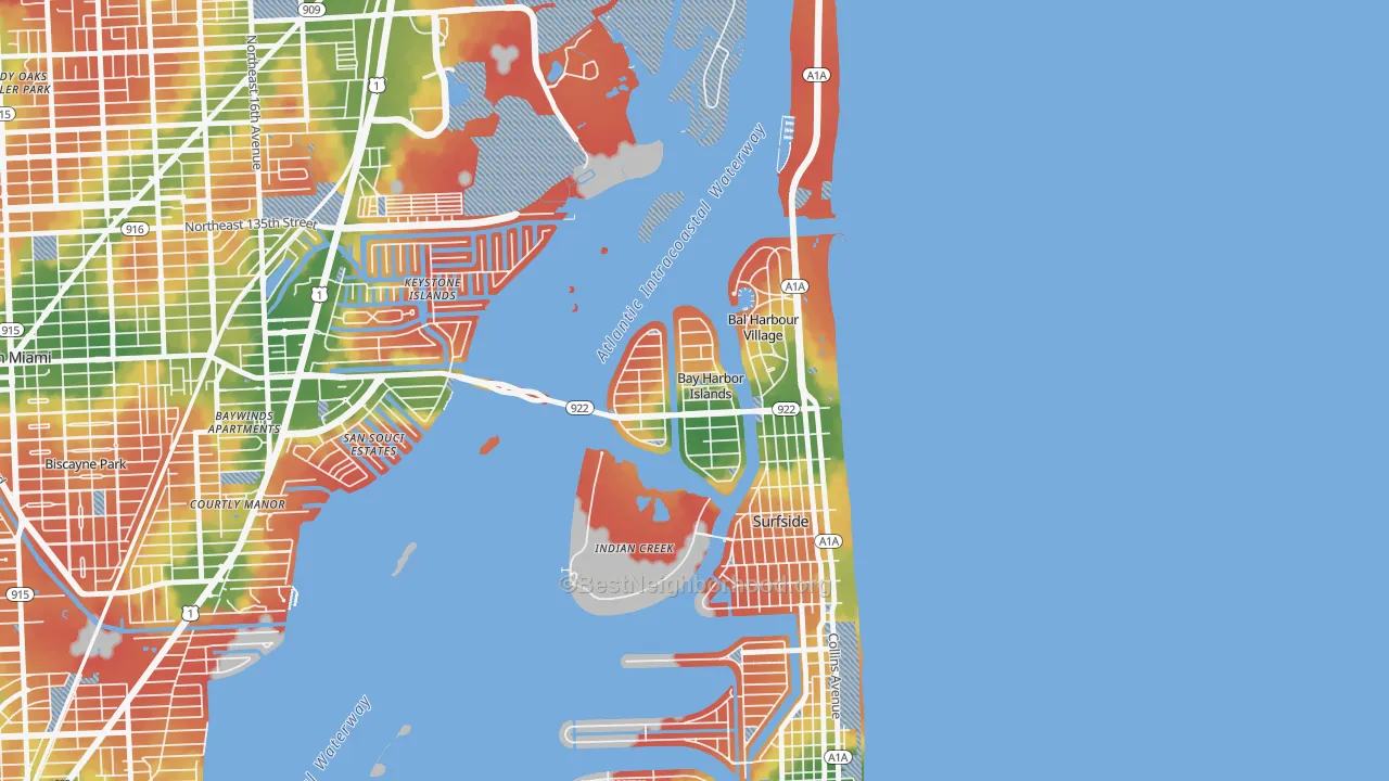 Walk Grade map of Bay Harbor Islands, FL, walkable areas in green and car-dependent areas in red