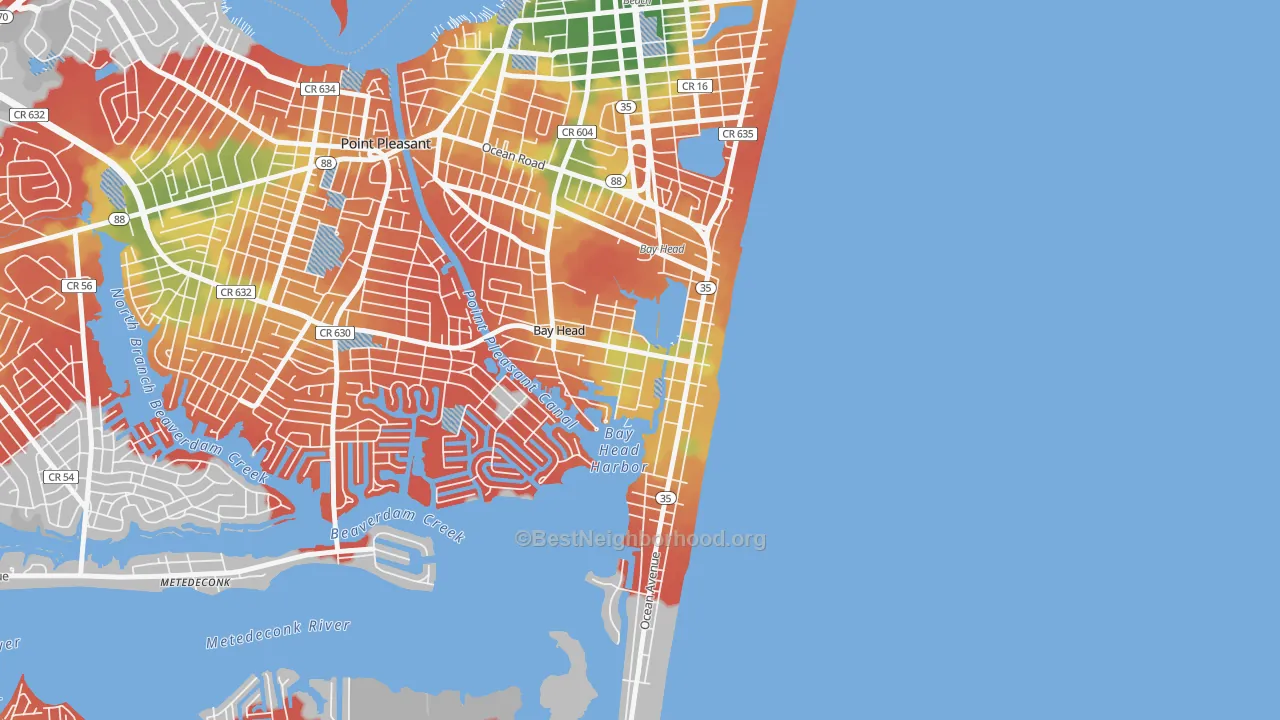 Walk Grade map of Bay Head, NJ, walkable areas in green and car-dependent areas in red
