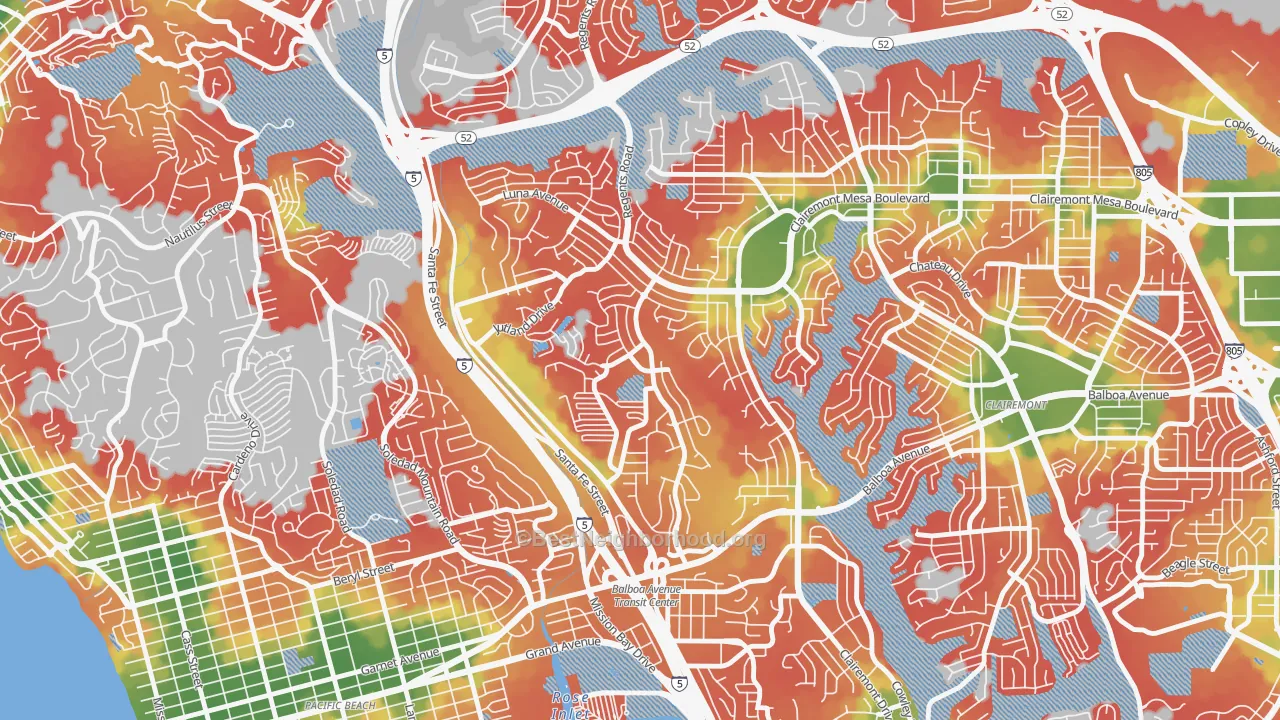 Walk Grade map of Bay Ho, San Diego, CA, walkable areas in green and car-dependent areas in red